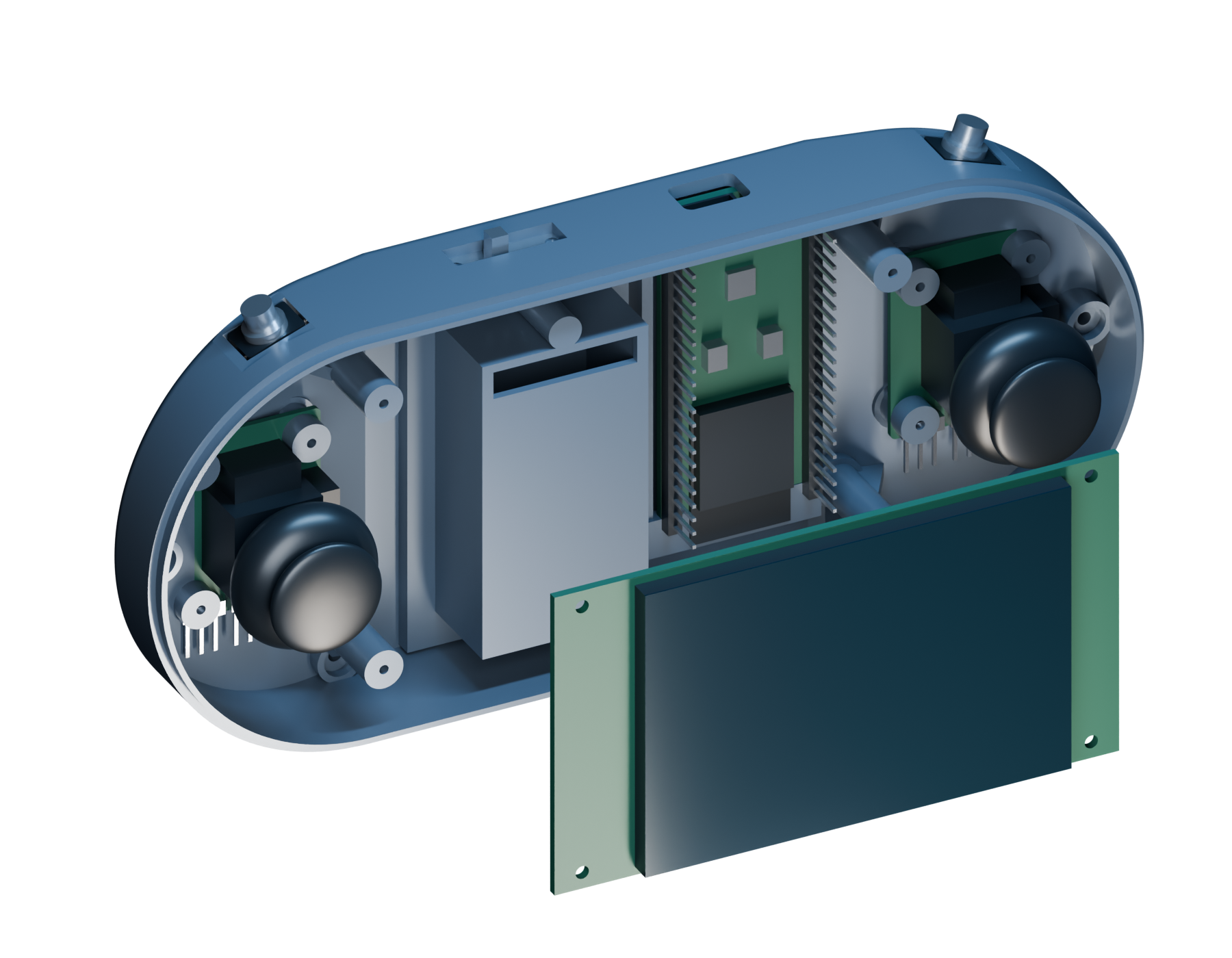 Open Z1 viewed diagonally from above, with the shoulder buttons along the upper edge and the screen separated to reveal the ESP32 board.